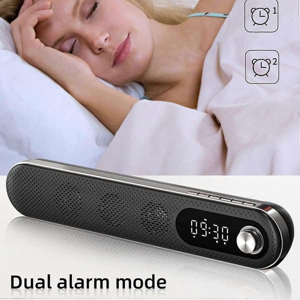 Trådløs USB-skrivebords Bluetooth-højttaler Soundbar med natlys vækkeur FM-temperatur til PC TV Computer Hjem, Sort