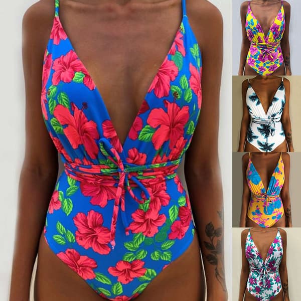 Kvinner V-hals One Piece Bikini Multi-Way Bandage Monokini Boho Floral Badedrakt 3 L
