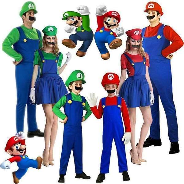 Super Mario Luigi Bros Dräkt, Vuxen Barn Klassisk Rörmokare Fancy Dress, Halloween Jul Cosplay Party Outfit För Kvinnor Män Pojke Tjej Girls Green 5-6Years