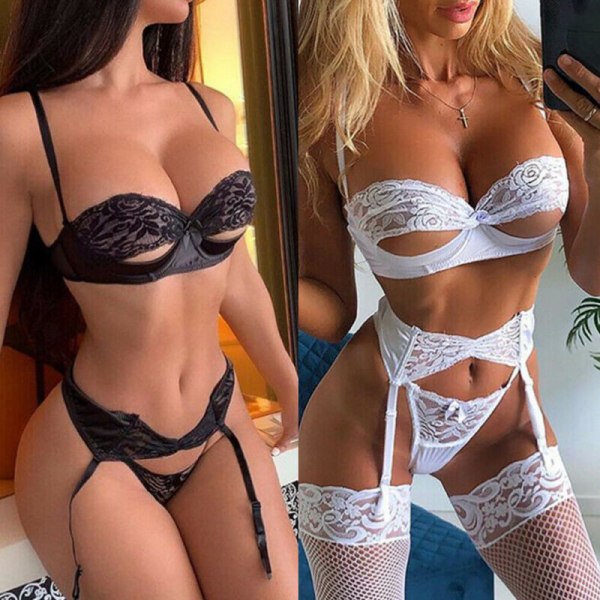 Seksikkäät naisten alusvaatesetti pitsi push-up -toppi rintaliivit alusvaatteet yöasut White L