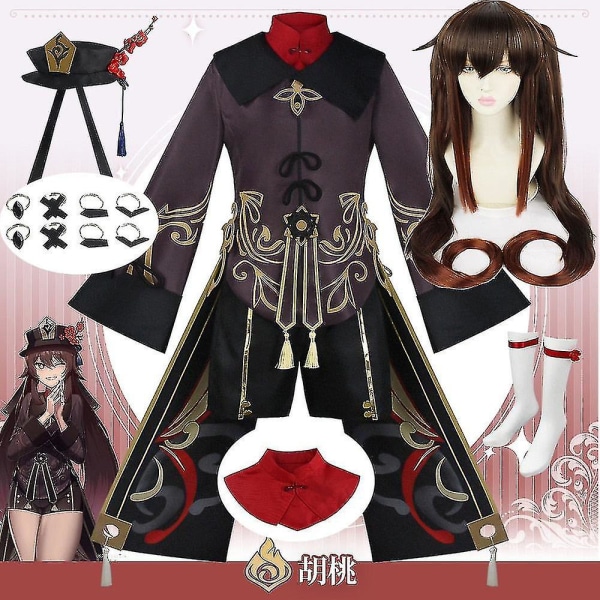 Snabb leverans Genshin Impact Hutao kostym Hu Tao kinesisk stil Uniformspel Halloween kostymer för kvinnor vuxen peruk Costumes and wig Xs