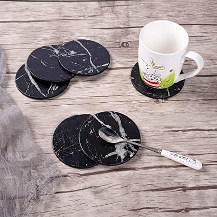 6 stk. Premium PU Læder Coaster med Holder, Rund Kop Måtte Pad