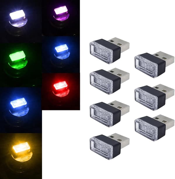 7 stk. USB-LED Bil Interiør Atmosfære Lampe, Nat LED Dekoration