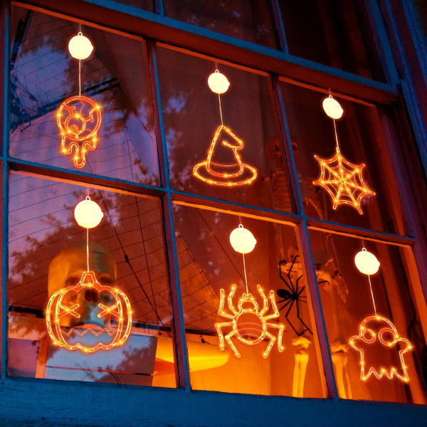 7 st Halloween fönsterdekorationer Ljus Fönster Halloween Ljus Pumpa Häxhatt Fladdermus Halloween Fönster Silhouette Light