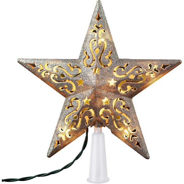 Christmas Star Tree Topper Opplyst 8 hullete 3d Pentagram Innebygde 10 lamper Sølvbelagt Star Treetop Plug