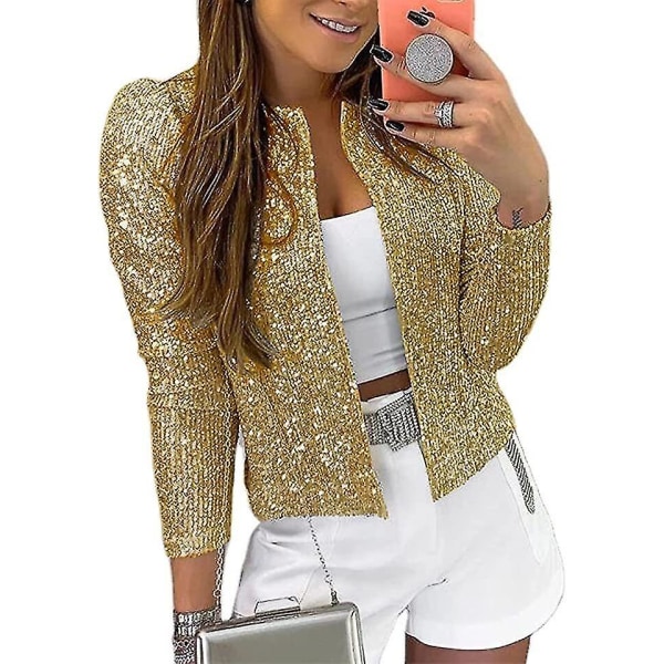 Kvinnor Paljettkavaj Öppen Front Jacka Party Christmas Puff Sleeve Sparkly Coats Gold 2XL