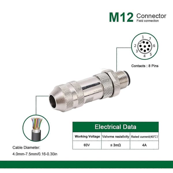 M12 8-bens sensorkonnektor lige han luftfartskabelstikadapter terminalfittings til bil, autocamper, båd