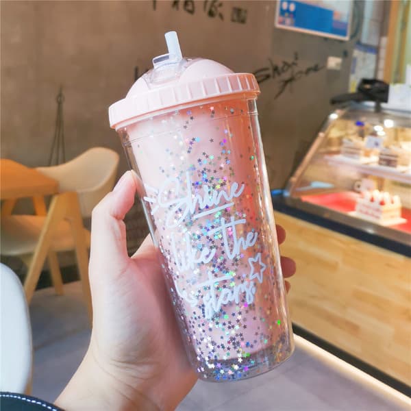 Glitter Paljettdekor Plast Vattenflaska med sugrör och lock pink