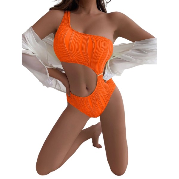 Kvinnor En-axel Ribbad-Bikini Cutout Baddräkt Badkläder Baddräkter Oregelbunden-Skönhet Sexiga Badkläder-Beach Orange M