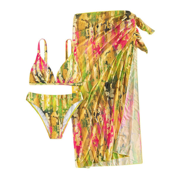 Baddräkt sommar med print för kvinnor 3 delar delade badkläder med strandkjol Dam högskurna bikini baddräkt trandkläder S
