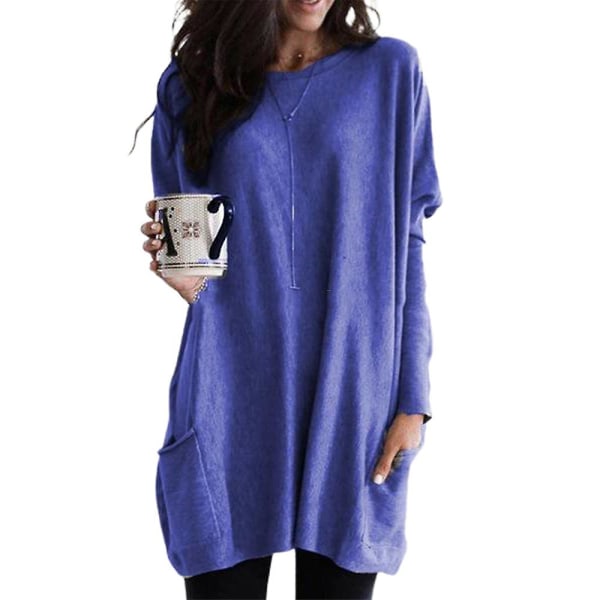 Kvinder Almindelig Langærmet Oversize T-shirtkjole med Rund Hals, Baggy Tunika Lange Toppe Plus Size Blue XL