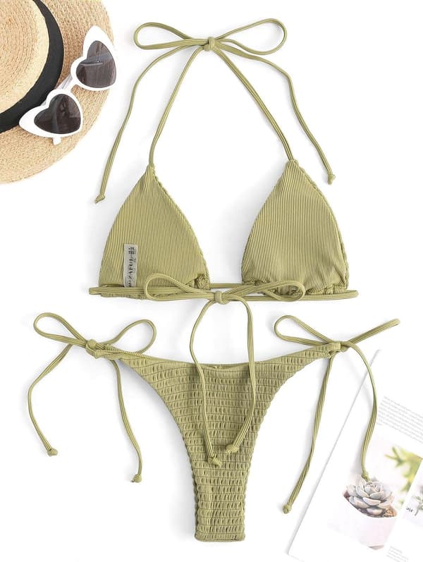 Damgrimma Triangel Bikini Ribbad String Smockade Badkläder Fräck Thong