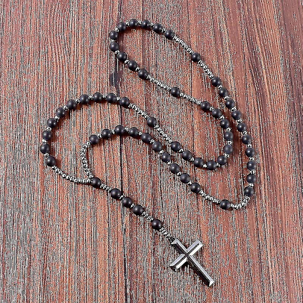 Natursten frostad svart onyx katolsk Kristus rosenkrans halsband med hematit kors hänge män halsband Meditations smycken