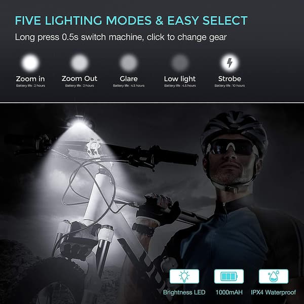1000 Lumen USB oppladbart sett, 3 LED sykkellykt