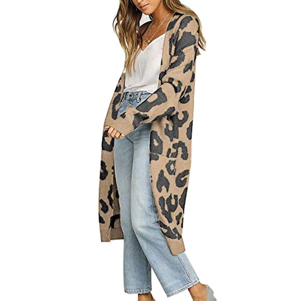 Dame flaggermusermet Åpen Front Leopard Strikket Maxi Cardigan Genser Khaki L