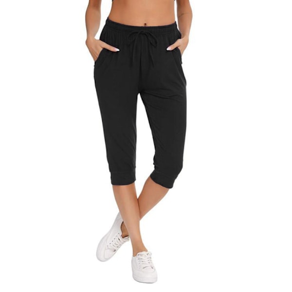 Dam Capri Byxor Elastisk midja Enfärgad Yoga bomull Byxor Black XL