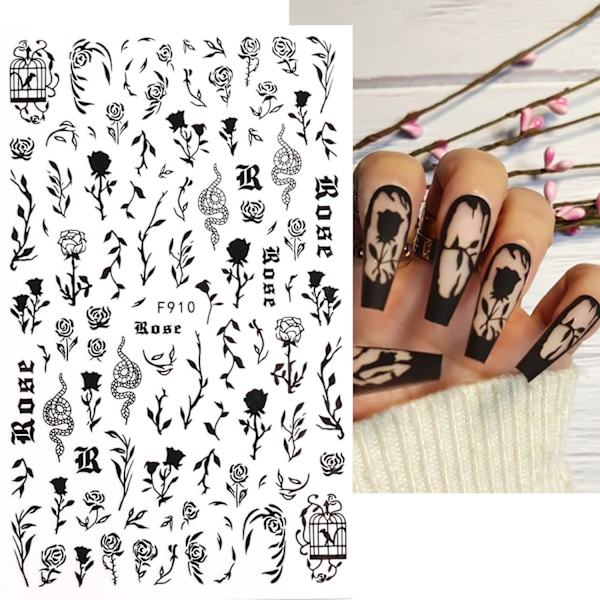 Black Rose Nail Art selvklæbende klistermærke 3D selvklæbende negledekaler Art