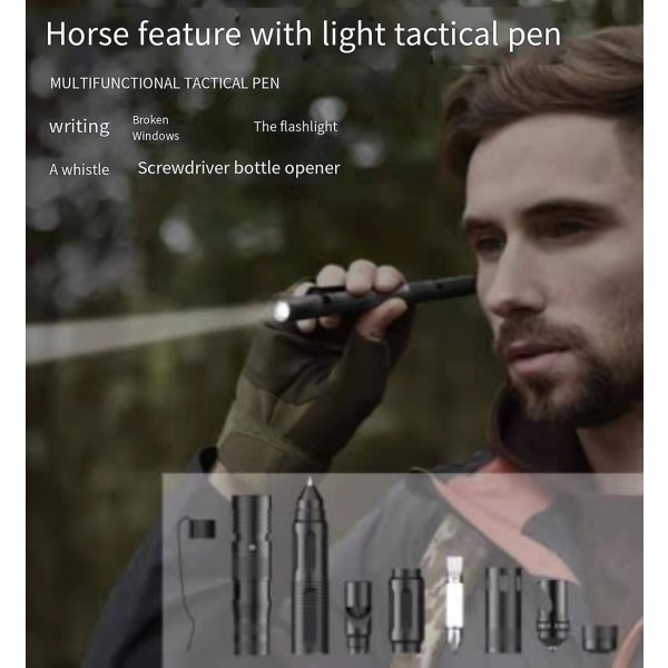 Multifunktionell Tactical Pen Ficklampa med lätt självförsvar bruten fönsterkon utomhus överlevnad