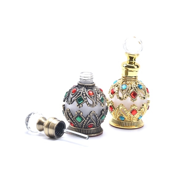 1X vintage metall parfymflaska arabisk stil tom påfyllningsbar Gold 15ml