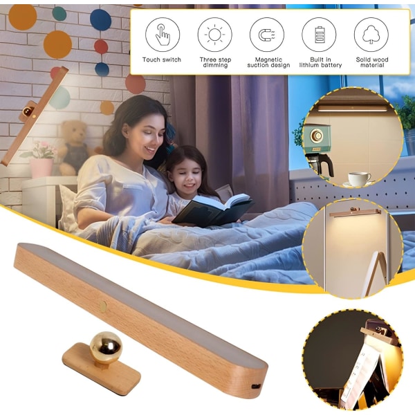 2 st 360° roterbara magnetiska LED-vägglampor i trä med steglös avbländande pekkontroll för sovrum, vardagsrum och hall