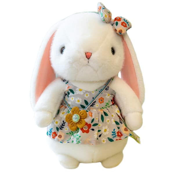 ##/Hvit plysjkanin, blomsterskjørt, sløyfe, 30 cm##/