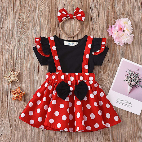 Baby Pige Tøj Baby Tøj Spædbarn Småbørn Piger Prikker Sløjfe Kjole Hårbånd 3 stk. Outfit Sæt Baby Tøj 110