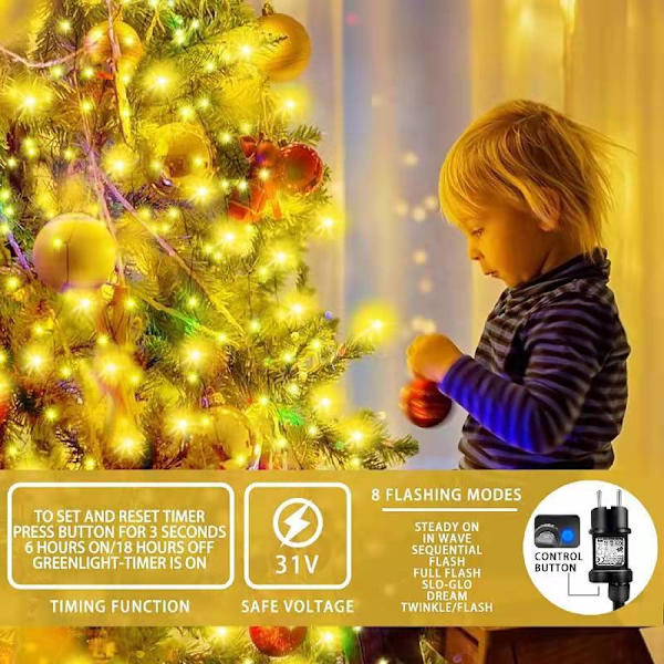 Christmas Tree String Lights, 2m*16 400LED Christmas Lights med 8 lägen Vattentät Memory Timer Jul String Lights Ugn utomhus Christ Sunmostar