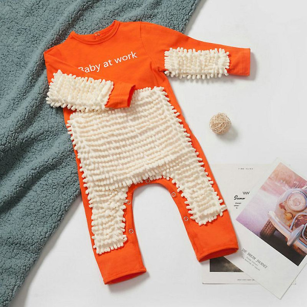 Baby Clothes 2023 New Baby Crawling Clothes Baby Mopping Crawling Clothes Dark Button English Long-sleeved Jumpsuit Orange Beige 18M