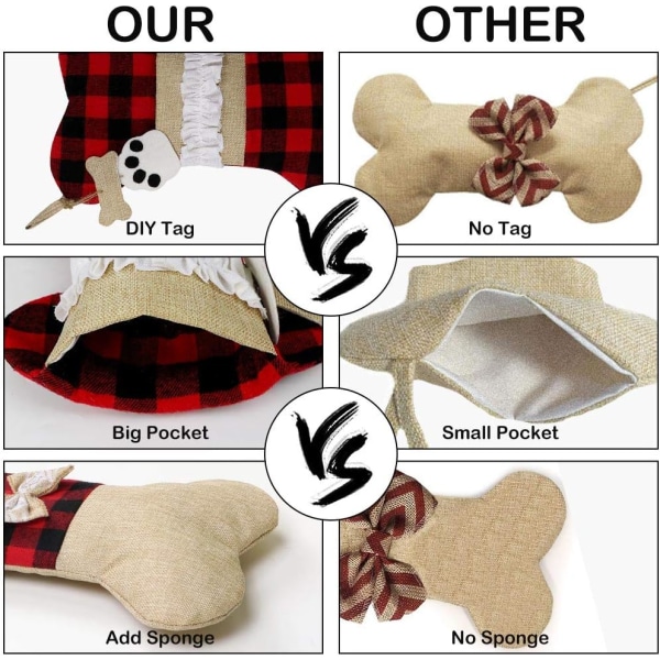 2 stk. Julestrømper til kjæledyr, Burlap Plaid Stor Bein Form Kjæledyrstrømper, Klassiske hengende strømper for juledekorasjoner