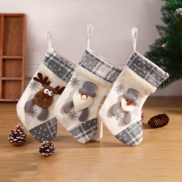 3st Nya Grå Vita Julstrumpor Juldekorationer Snögubbe Julklappspåse Julgranshänge 26,5*17cm