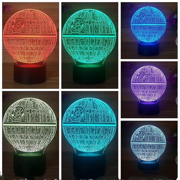 3D optisk illusionslampe LED natlys, USB touch Star Wars Death Star 3D lille bordlampe sort base