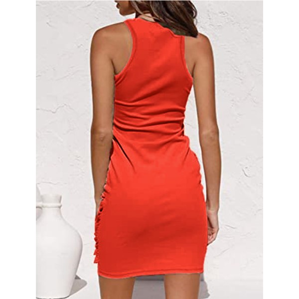 2023 Dame sommer Casual Ermeløs Strandtankkjole Bodycon Rynket Minikjoler Watermelon Red L