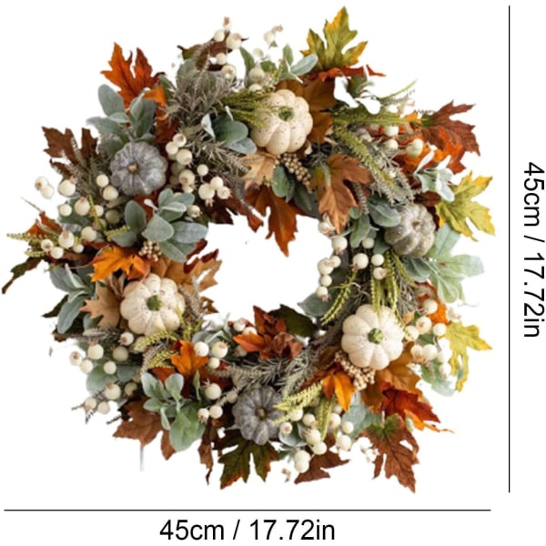 Höstkrans för ytterdörr | 45 cm/18 tum höstkrans, höstdekorationer för hem | Konstgjorda höstkransar med lönnlöv, pumpor och bär