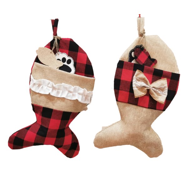 2 stk. Kjæledyr Hund Julestrømper, Jute Rutete Bein Fiskeform Plaid fish + linen fish