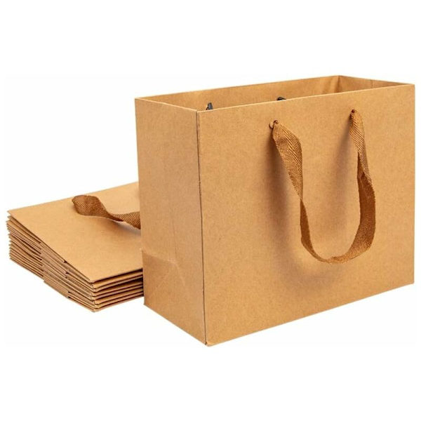 10 stk. Brun Kraftpapir Småposer Gaveposer i stof med håndtag til fødselsdagsbryllupper, teselskaber og fejringer 22×18×10cm - DKSFJKL