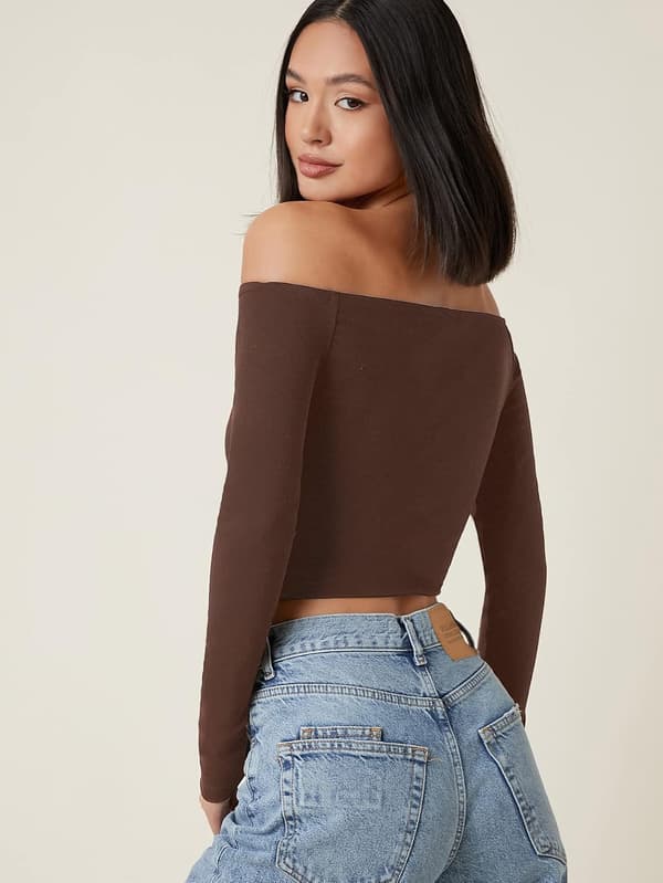 Basic långärmad, off Shoulder-monterad Crop Tee Top för kvinnor