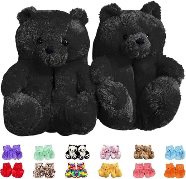 Faux Pels Hjemmesko med Teddybjørn - Sort til Kvinder og Piger
