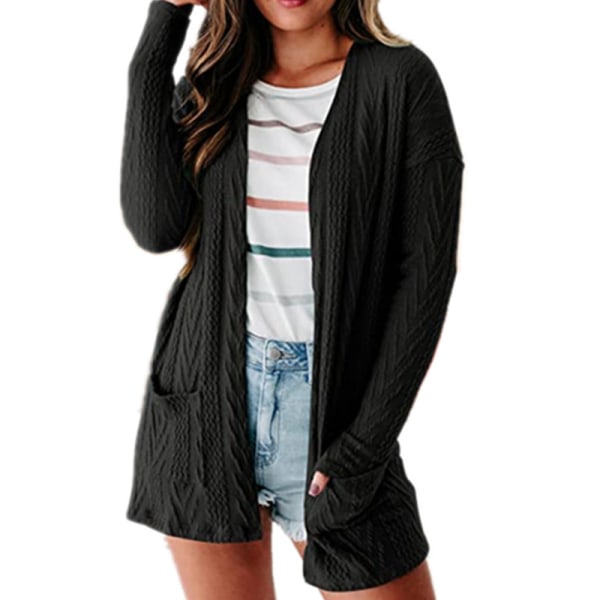 Dame Cardigan i ensfarvet med åben front Black 3XL