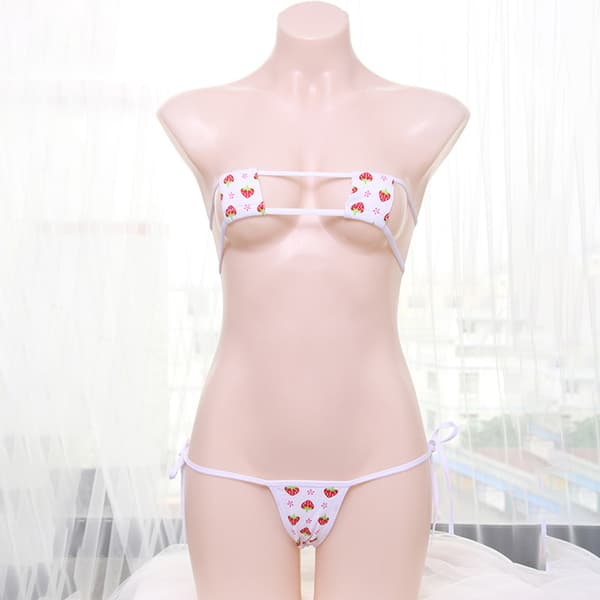 Damer Strawberry Print Underkläder Erotisk Square Cup Micro BH Thong Cosplay Bikini
