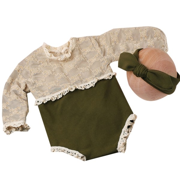 Nyfödd fotorekvisita Bowknot Pannband & Spets Jumpsuits Baby Kläder Huvudbonad Långärmad Romper för flicka