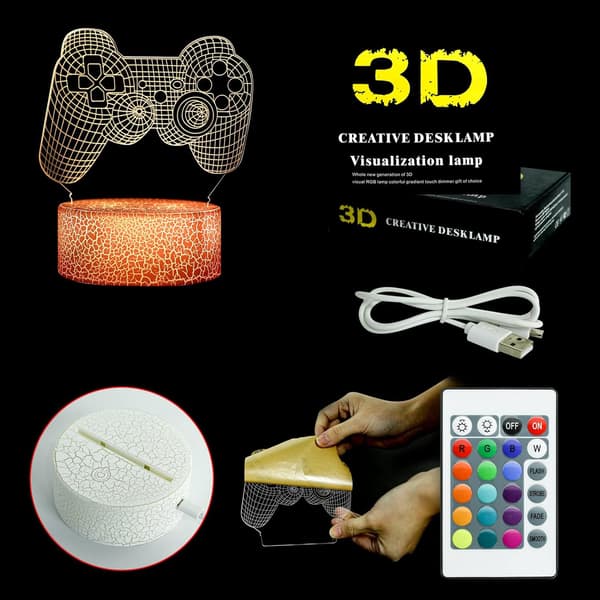 Gamepad 3D Illusion Lamp, 3D Night Light för pojkar med fjärrkontroll