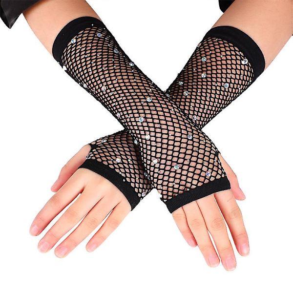 Strass långa fisknät Fingerlösa handskar Fisknätshandskar Sparkly Glitter Mode Operahandskar för 80-talskostymkvällsfest, Halloween Cosplay