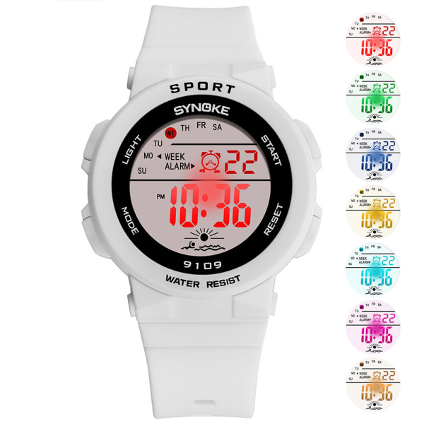 Barnarmbandsur Vattentät digital watch med 7-färgs bakgrundsbelysning White