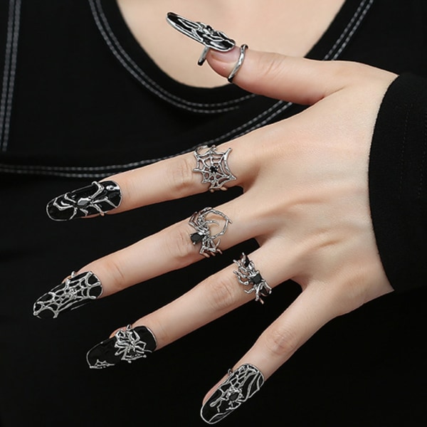 Kvinnors Hip-Hop Spiders Nagelringar Fingernagelkonst Cool Lyxig gotisk legering Fingerringar Mode Svarta Nagelknappar Smycken D