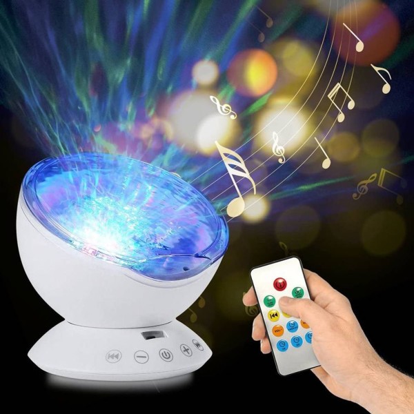 Yövalo lapsille LED-projektori Veden aaltoilu -efekti Meriaalto-valo musiikkikaiuttimella, valkoinen