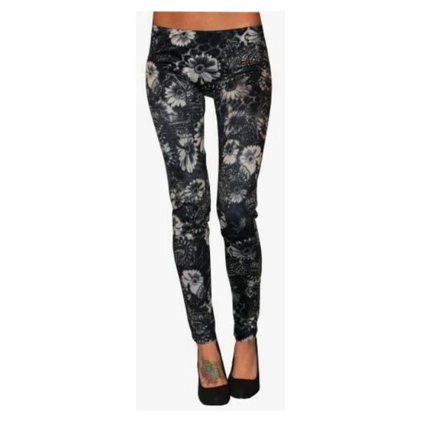 Grå blommiga leggings O/S gray one size