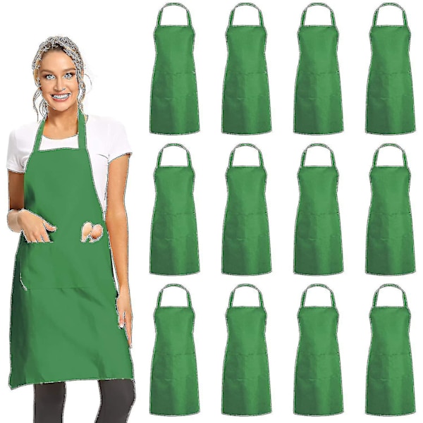 12-pack enkla haklappsförkläden med 2 fickor - svart unisex kommersiellt förkläde Bulk Green
