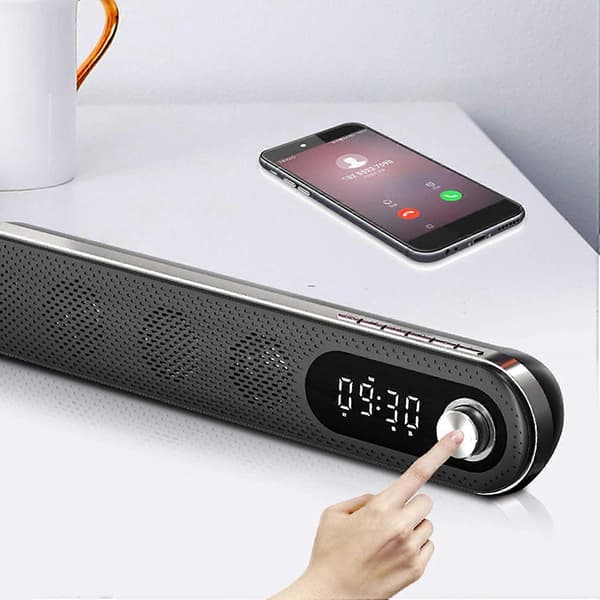 Trådløs USB-skrivebords Bluetooth-højttaler Soundbar med natlys vækkeur FM-temperatur til PC TV Computer Hjem, Sort