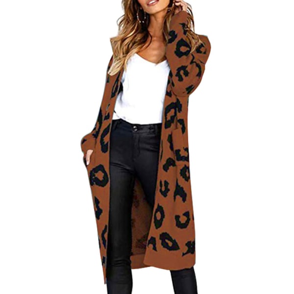 Dame Langærmet Åben Front Leopard Strikket Axi Cardigan Sweater Coffee M
