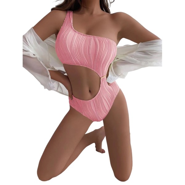 Kvinder En-skulder Ribbet-Bikini Cutout Badedragt Badetøj Badedragter Uregelmæssig-skønhed Exiga Badetøj-Strand Pink S